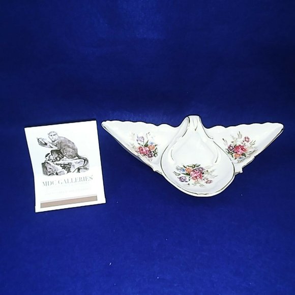 Trinket Dish Handled Hand Painted Floral Raised Detailing Gold Trim 3 Sections - Picture 7 of 7